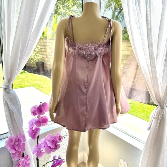 Nasty Gal Feather Trim Satin Nighty Slip Dress Purple Size 8 Shift Dress - Picture 8 of 14